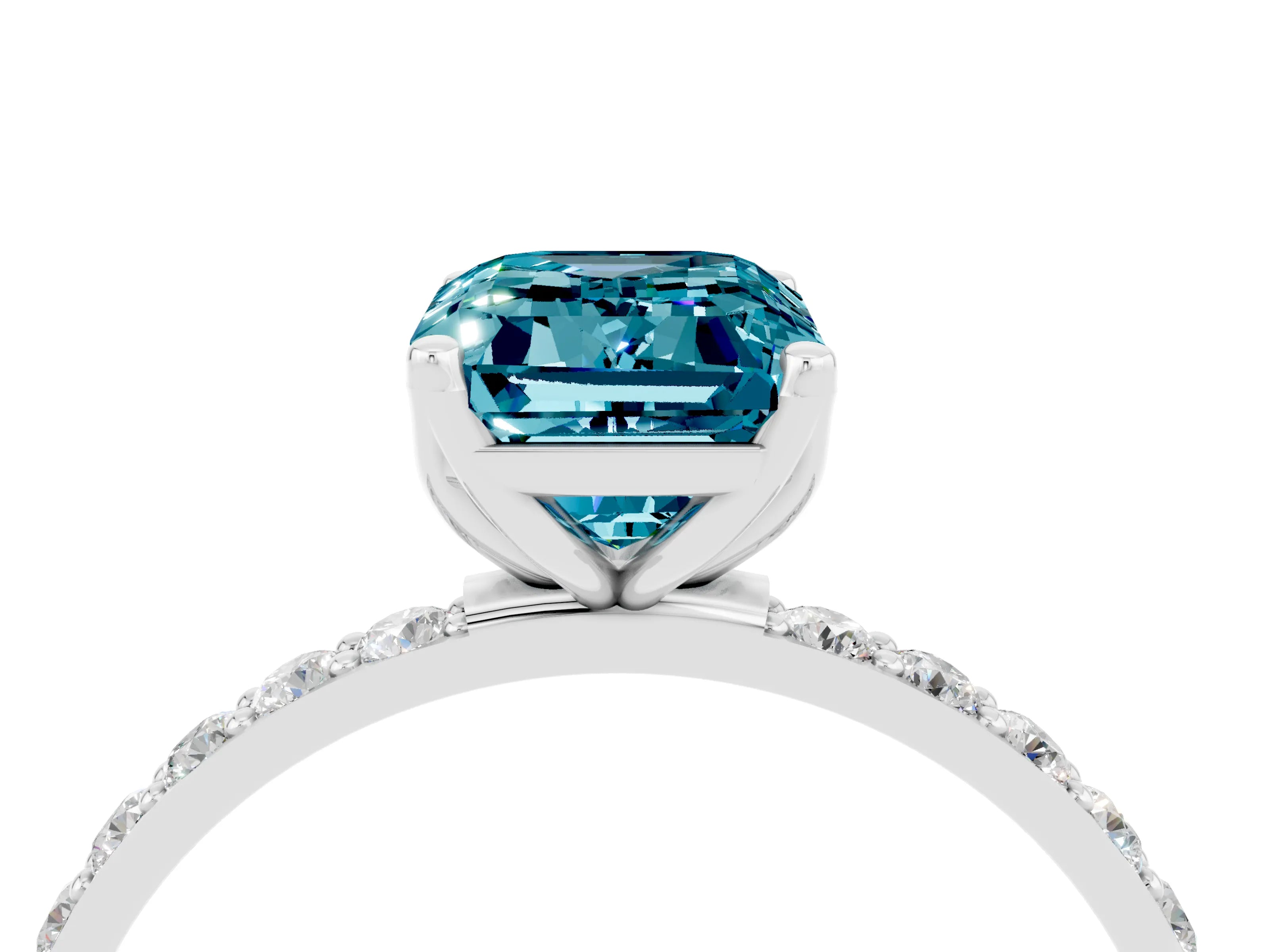 White gold Emerald Cut Blue Topaz Solitaire Engagement Ring with Pavé Band and Prong Setting_4