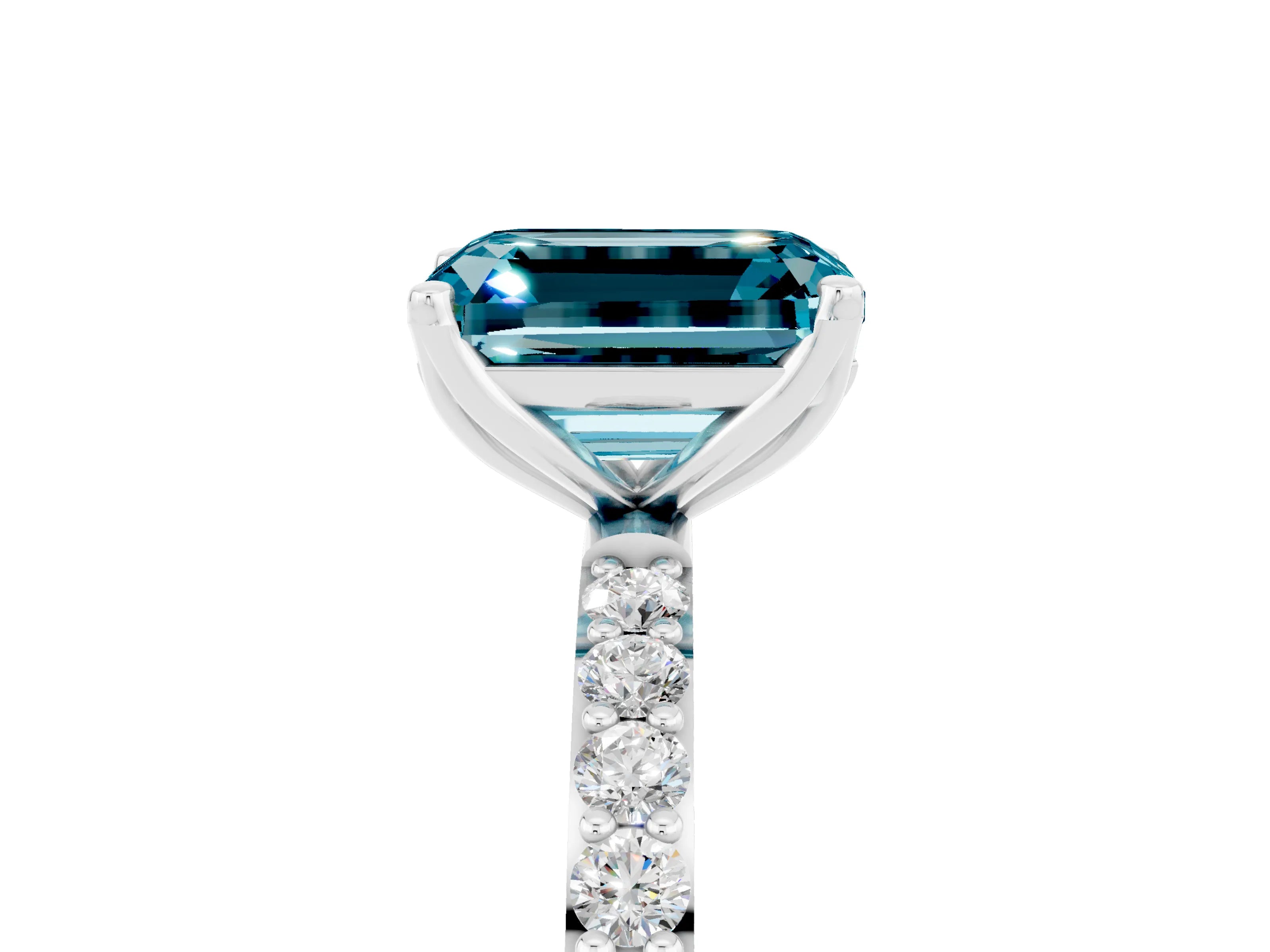 White gold Emerald Cut Blue Topaz Solitaire Engagement Ring with Pavé Band and Prong Setting_5