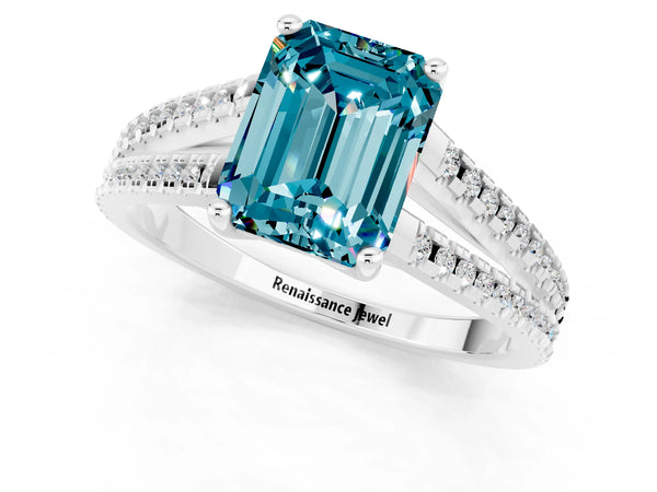 Silver Emerald Cut Blue Topaz Solitaire Engagement Ring with Split Shank Pavé Band