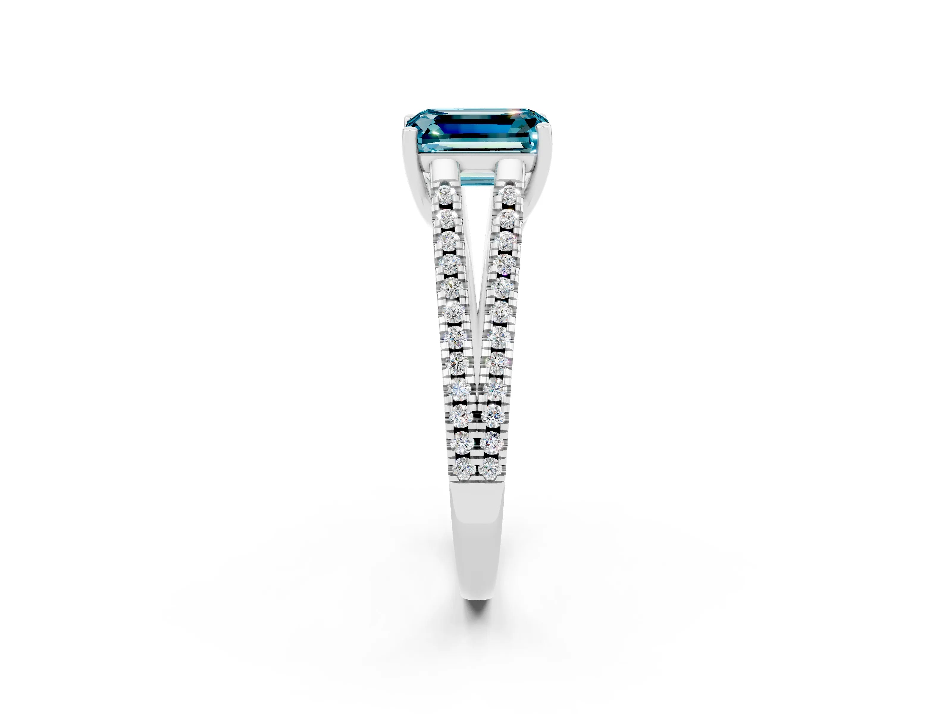 White gold Emerald Cut Blue Topaz Solitaire Engagement Ring with Split Shank Pavé Band_2