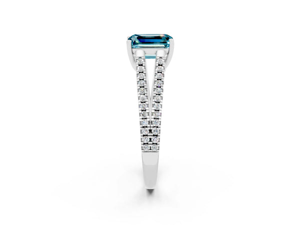 White gold Emerald Cut Blue Topaz Solitaire Engagement Ring with Split Shank Pavé Band