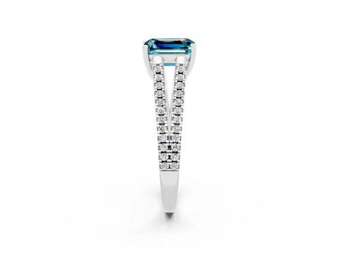 White gold Emerald Cut Blue Topaz Solitaire Engagement Ring with Split Shank Pavé Band_2