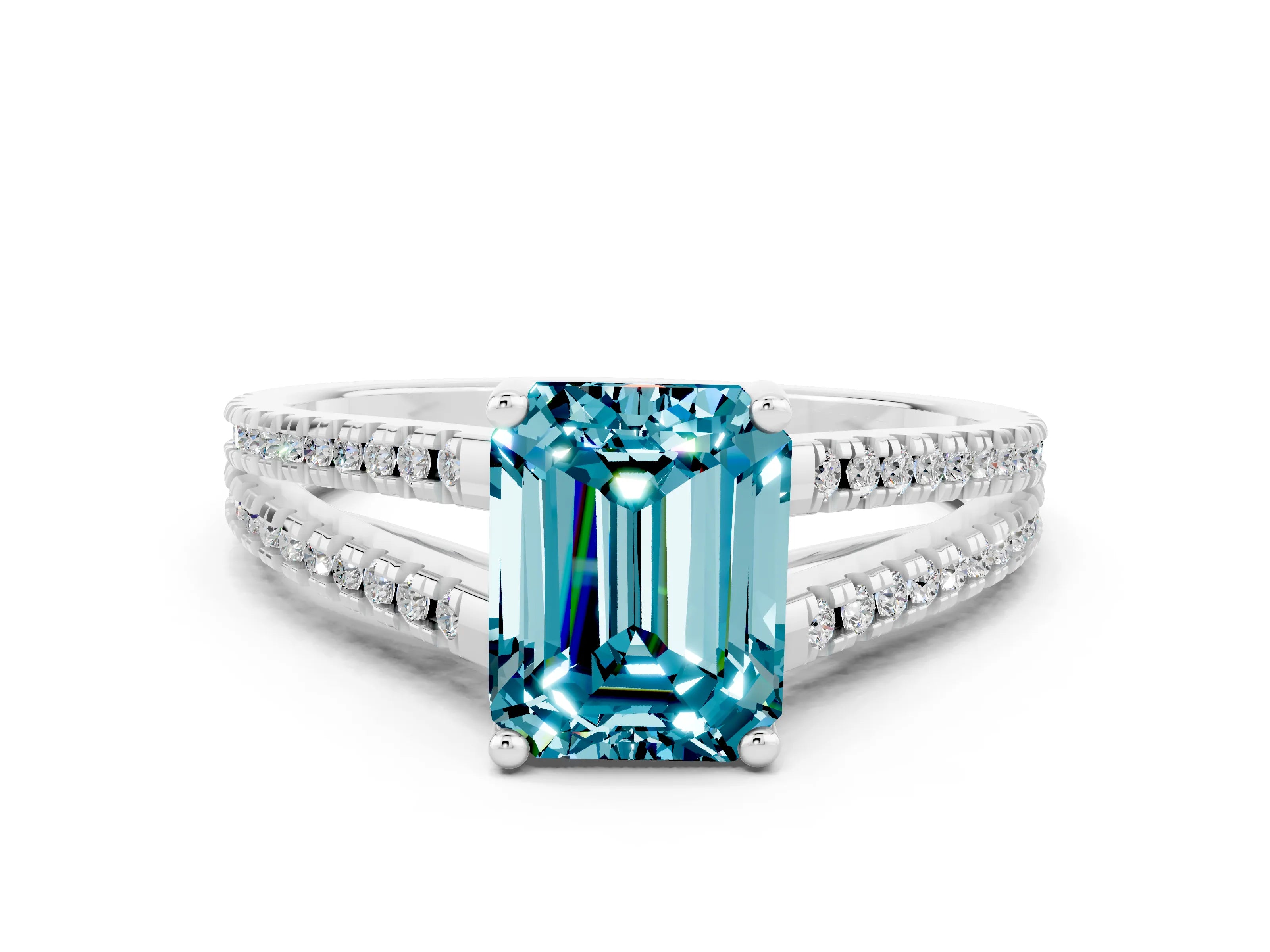 White gold Emerald Cut Blue Topaz Solitaire Engagement Ring with Split Shank Pavé Band