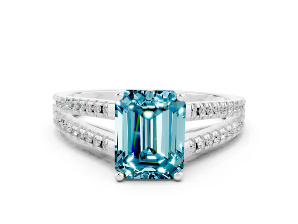 White gold Emerald Cut Blue Topaz Solitaire Engagement Ring with Split Shank Pavé Band
