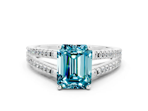 White gold Emerald Cut Blue Topaz Solitaire Engagement Ring with Split Shank Pavé Band