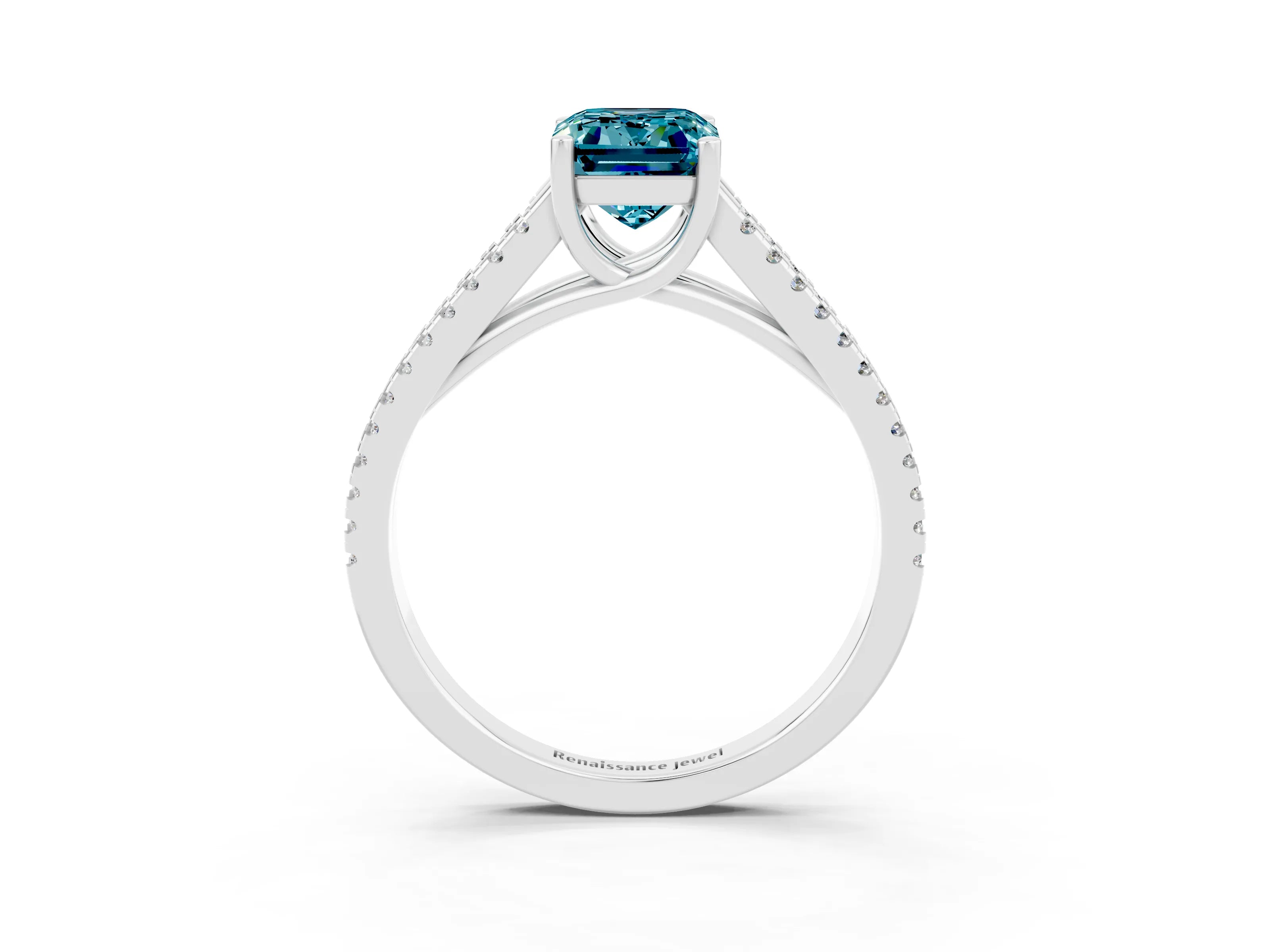 White gold Emerald Cut Blue Topaz Solitaire Engagement Ring with Split Shank Pavé Band_3