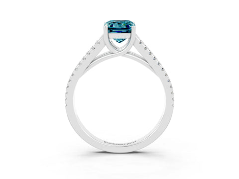 White gold Emerald Cut Blue Topaz Solitaire Engagement Ring with Split Shank Pavé Band_3