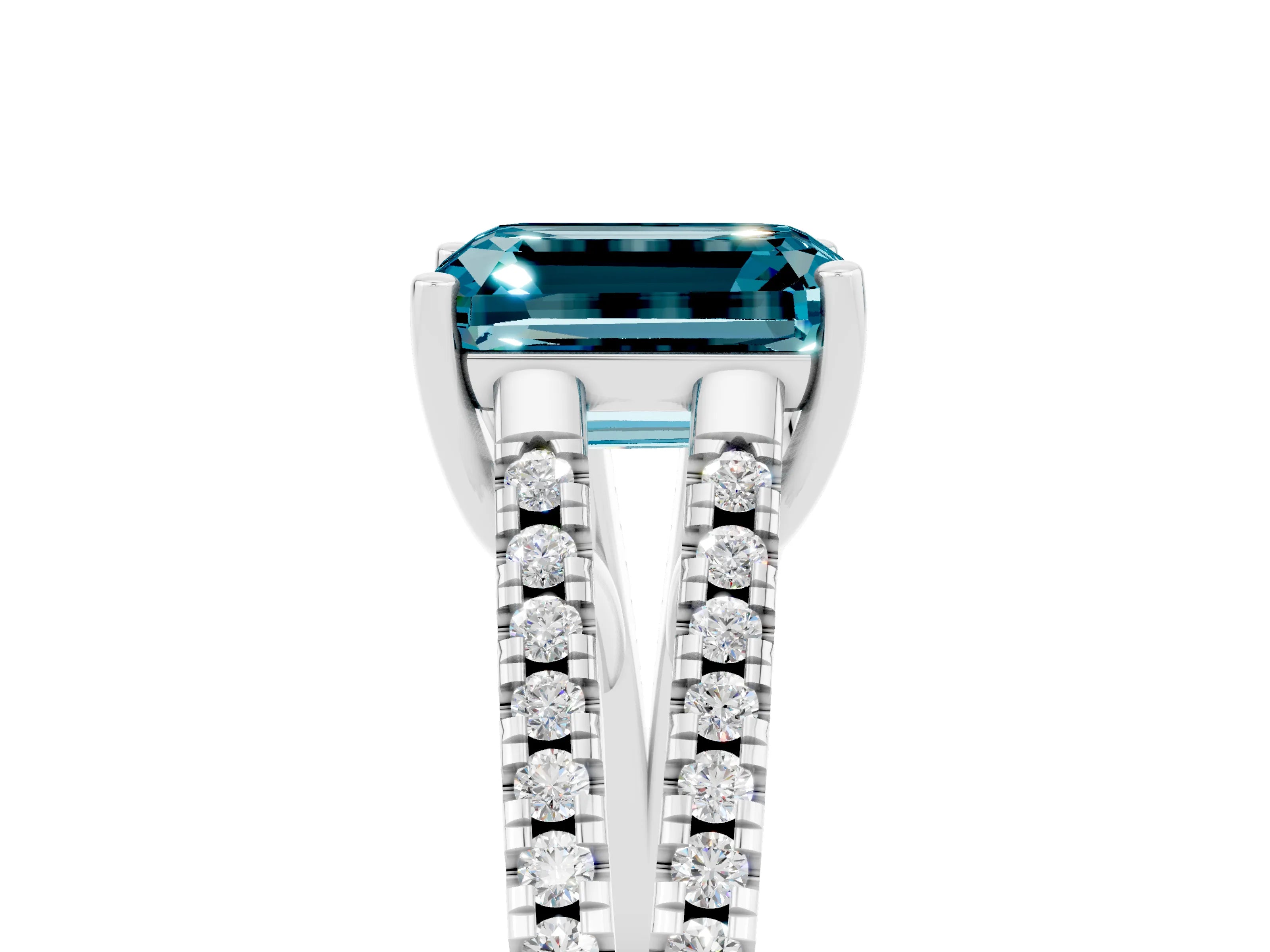 White gold Emerald Cut Blue Topaz Solitaire Engagement Ring with Split Shank Pavé Band_5
