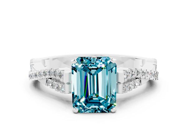 Platinum Emerald Cut Blue Topaz Solitaire Engagement Ring with Twisted Pavé Band and Four-Prong Setting