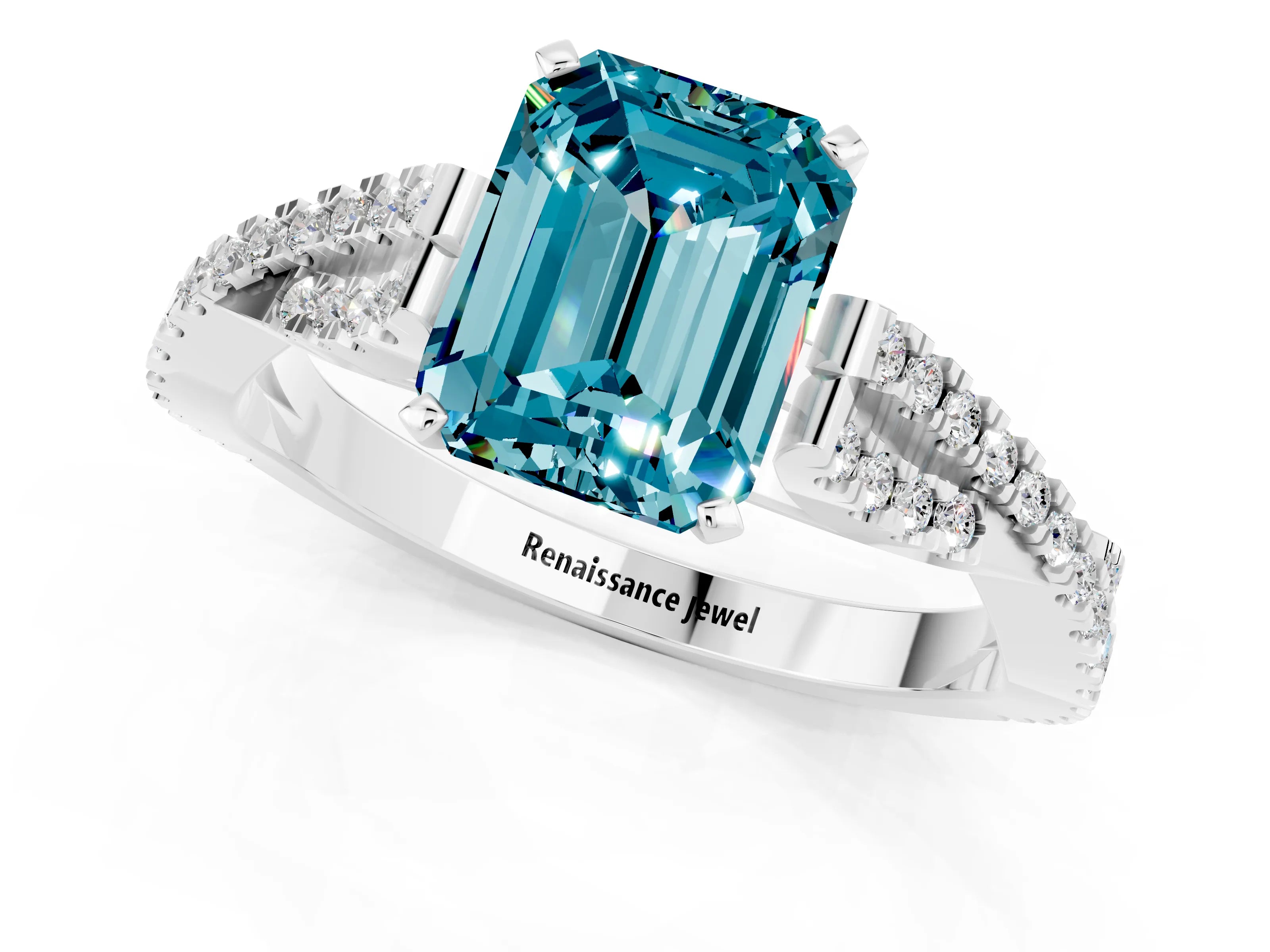 White gold Emerald Cut Blue Topaz Solitaire Engagement Ring with Twisted Pavé Band and Four-Prong Setting_1