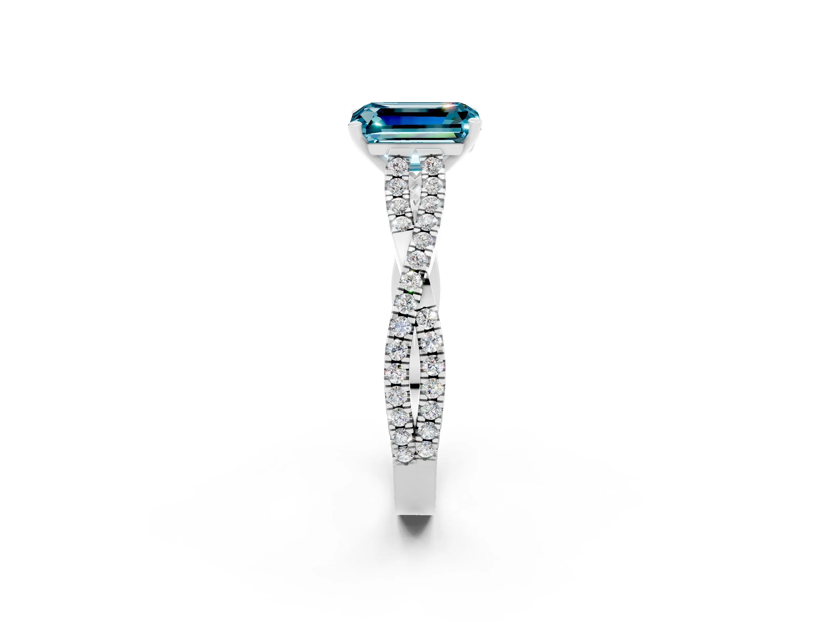 White gold Emerald Cut Blue Topaz Solitaire Engagement Ring with Twisted Pavé Band and Four-Prong Setting_2