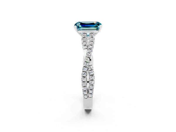 White gold Emerald Cut Blue Topaz Solitaire Engagement Ring with Twisted Pavé Band and Four-Prong Setting