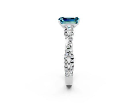 White gold Emerald Cut Blue Topaz Solitaire Engagement Ring with Twisted Pavé Band and Four-Prong Setting_2