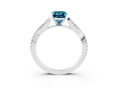 White gold Emerald Cut Blue Topaz Solitaire Engagement Ring with Twisted Pavé Band and Four-Prong Setting_3