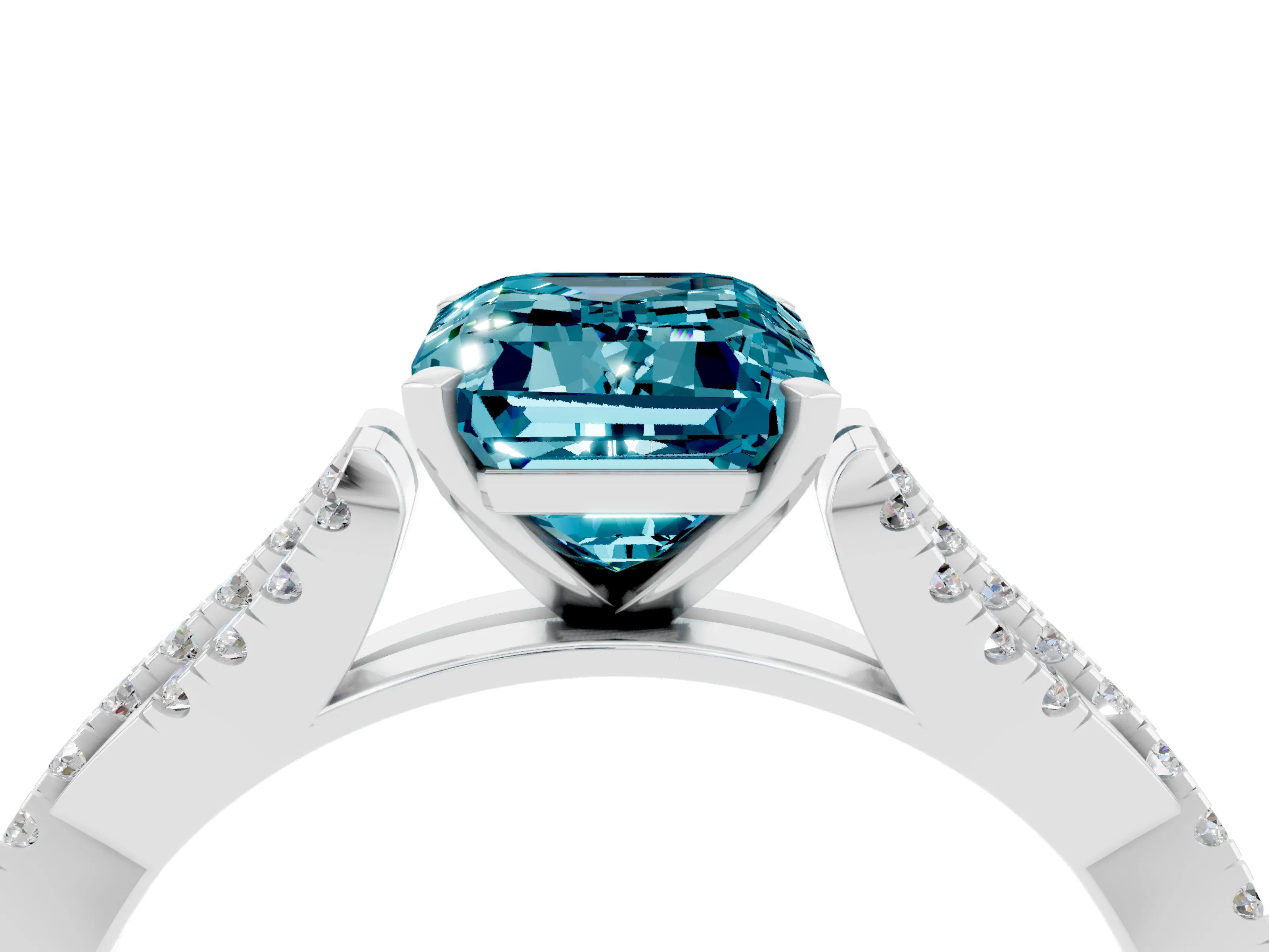 White gold Emerald Cut Blue Topaz Solitaire Engagement Ring with Twisted Pavé Band and Four-Prong Setting_4