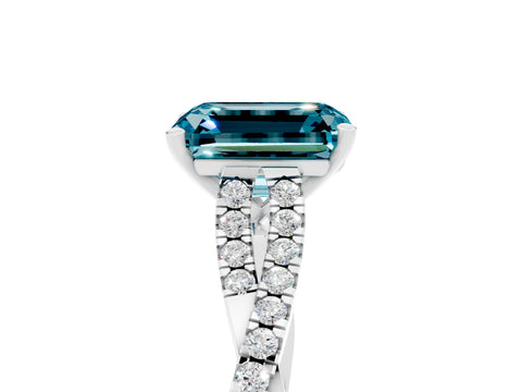 White gold Emerald Cut Blue Topaz Solitaire Engagement Ring with Twisted Pavé Band and Four-Prong Setting_5