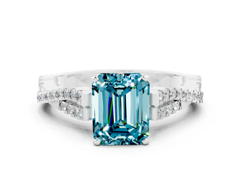 White gold Emerald Cut Blue Topaz Solitaire Engagement Ring with Twisted Pavé Band and Four-Prong Setting