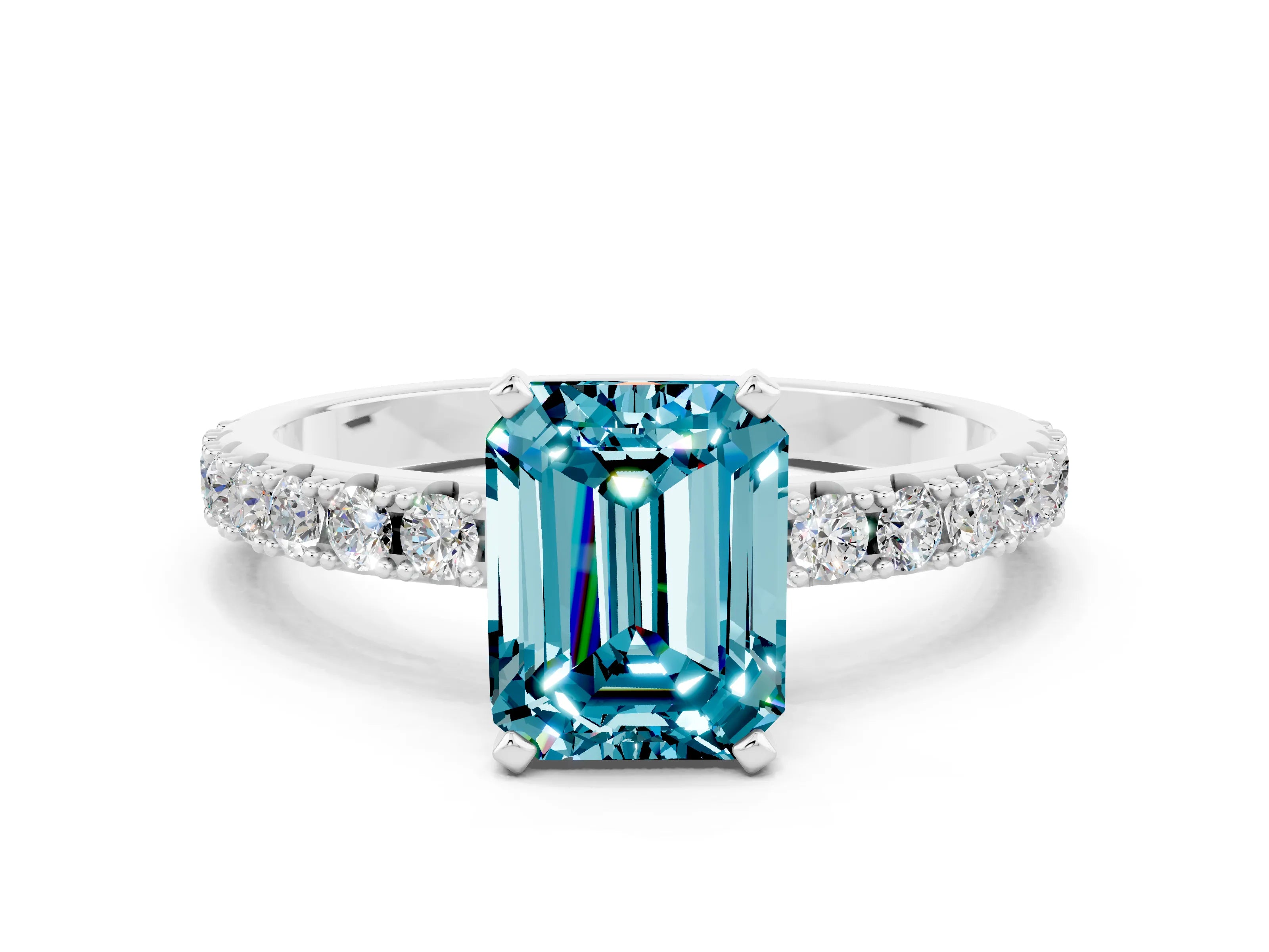 White gold Emerald Cut Blue Topaz Solitaire Pavé Band with Four-Prong Setting