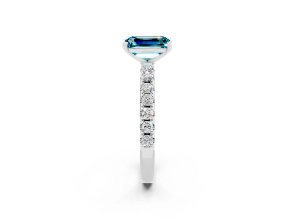 Platinum Emerald Cut Blue Topaz Solitaire Pavé Band with Four-Prong Setting