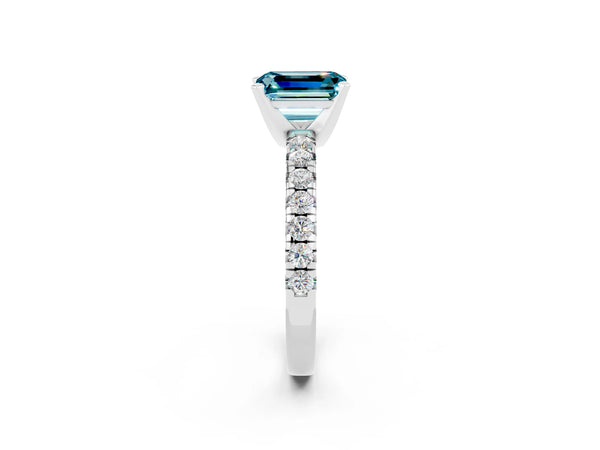 Platinum Emerald Cut Blue Topaz Solitaire Pavé Engagement Ring with Round Band and Prong Setting