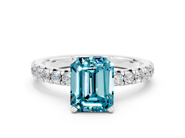 Platinum Emerald Cut Blue Topaz Solitaire Pavé Engagement Ring with Round Band and Prong Setting