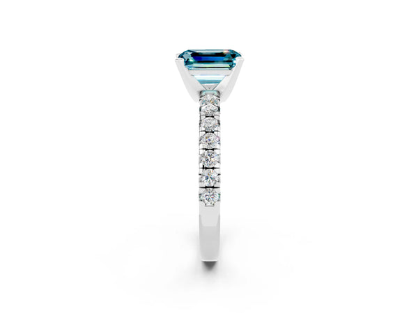Platinum Emerald Cut Blue Topaz Solitaire Pavé Engagement Ring with Round Band and Prong Setting