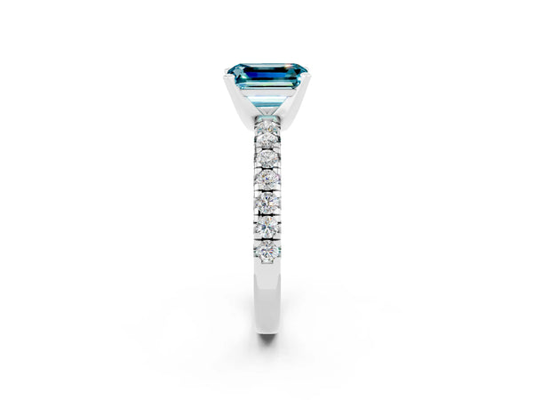 White gold Emerald Cut Blue Topaz Solitaire Pavé Engagement Ring with Round Band and Prong Setting