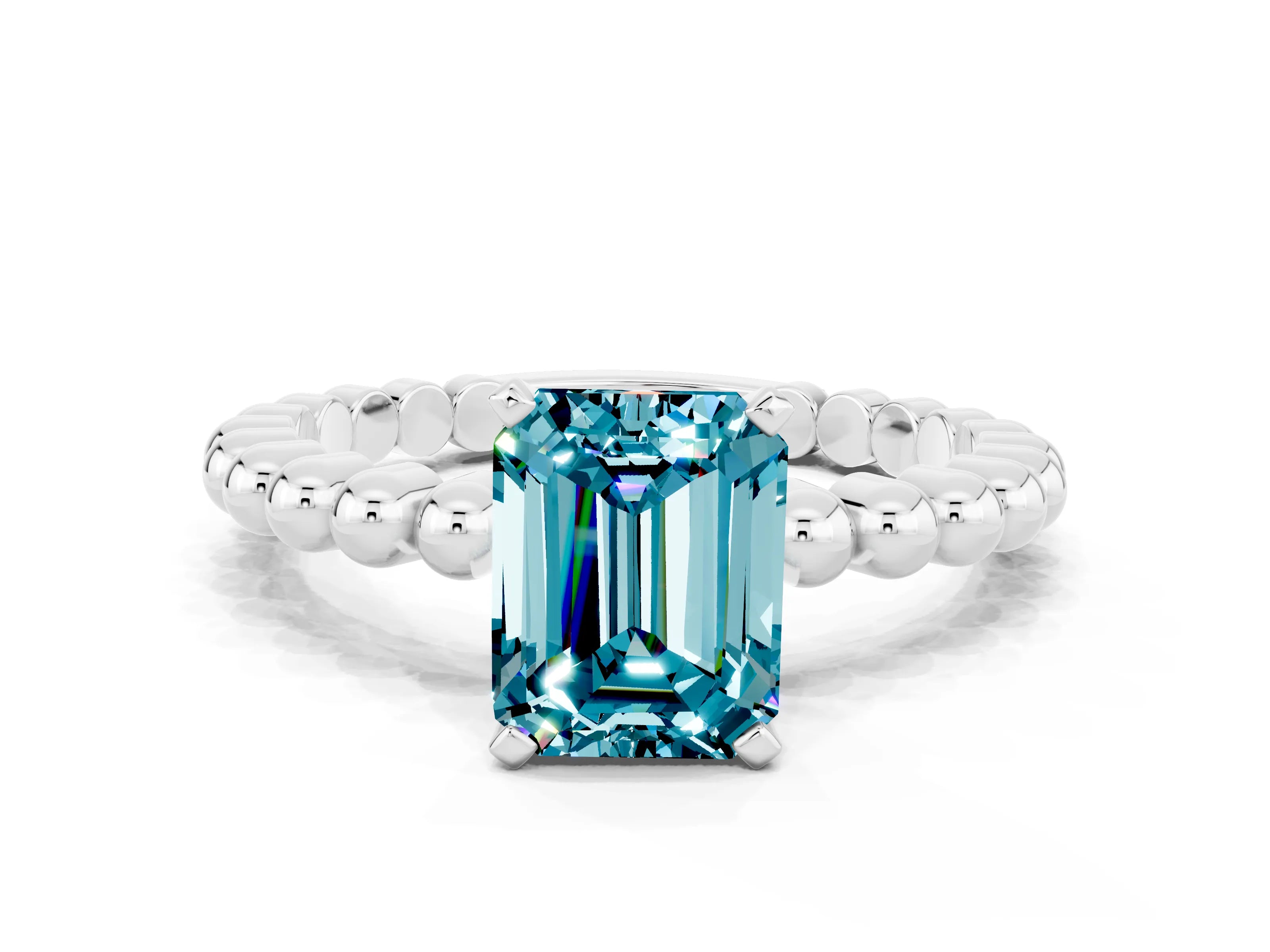 White gold Emerald Cut Blue Topaz Solitaire Ring with Beaded Band and Prong Setting_12