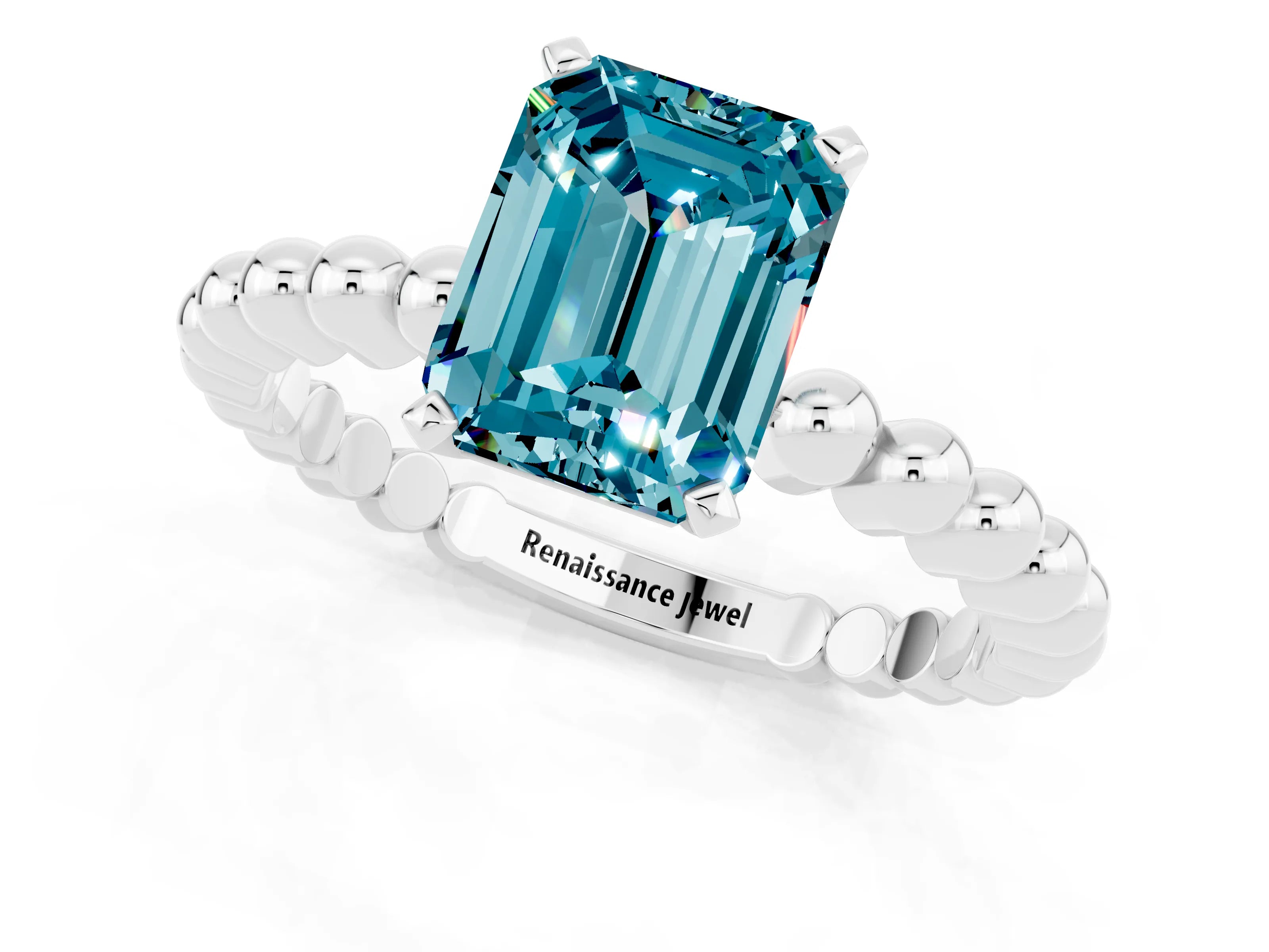 White gold Emerald Cut Blue Topaz Solitaire Ring with Beaded Band and Prong Setting_13