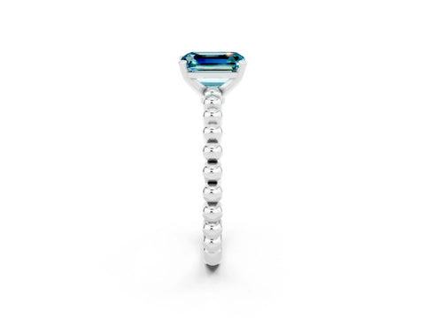 White gold Emerald Cut Blue Topaz Solitaire Ring with Beaded Band and Prong Setting_14