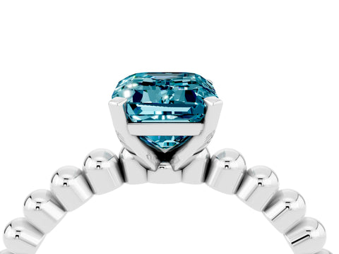 White gold Emerald Cut Blue Topaz Solitaire Ring with Beaded Band and Prong Setting_16
