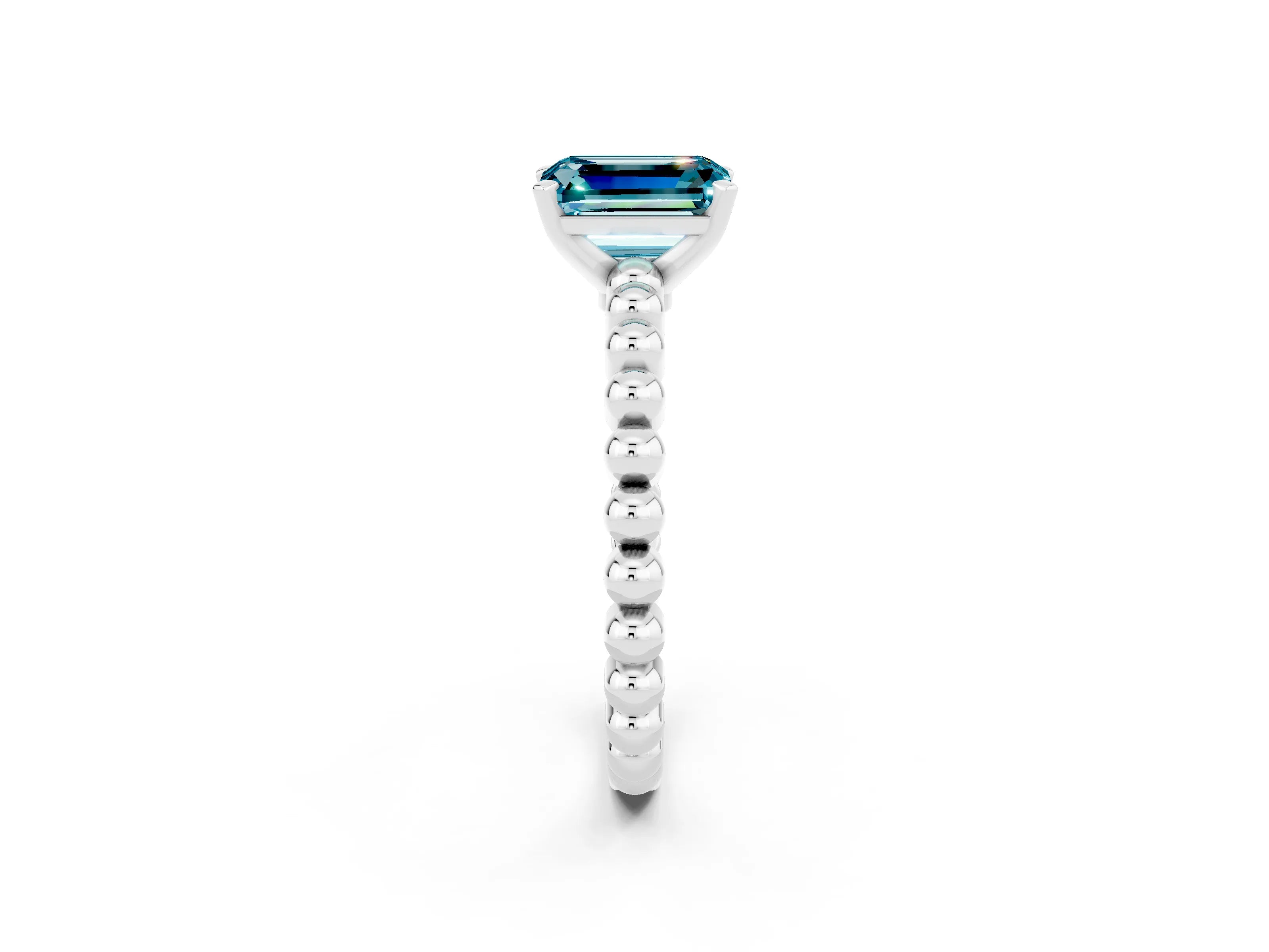 White gold Emerald Cut Blue Topaz Solitaire Ring with Beaded Band and Prong Setting_2