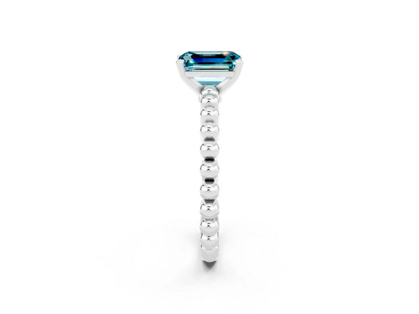 Silver Emerald Cut Blue Topaz Solitaire Ring with Beaded Band and Prong Setting