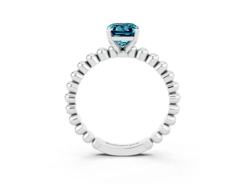 White gold Emerald Cut Blue Topaz Solitaire Ring with Beaded Band and Prong Setting_3