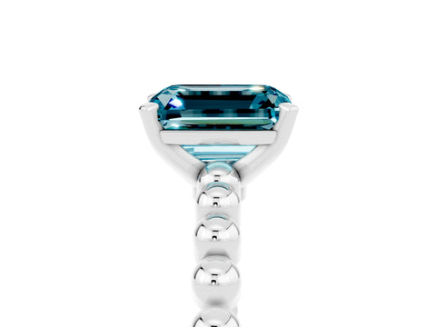 White gold Emerald Cut Blue Topaz Solitaire Ring with Beaded Band and Prong Setting_5
