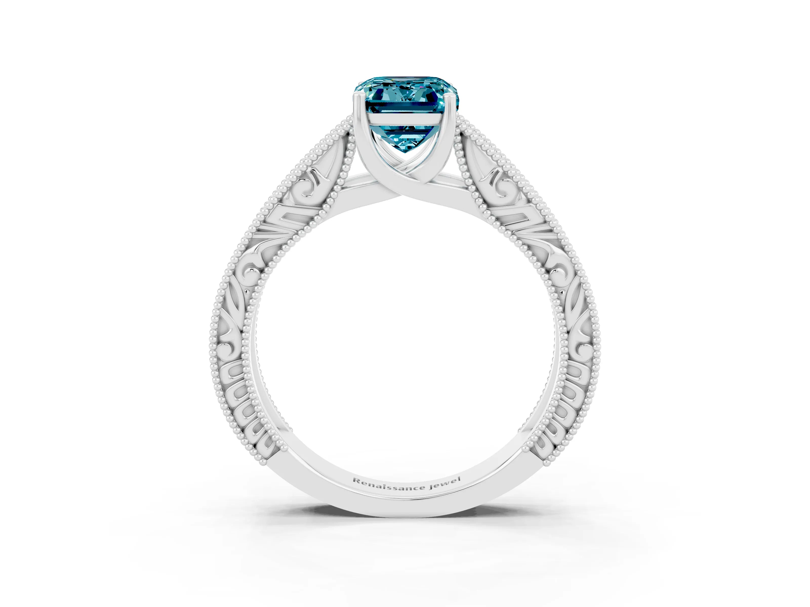 White gold Emerald Cut Blue Topaz Solitaire Ring with Engraved Band and Four-Prong Setting_3