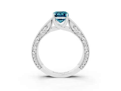 White gold Emerald Cut Blue Topaz Solitaire Ring with Engraved Band and Four-Prong Setting_3