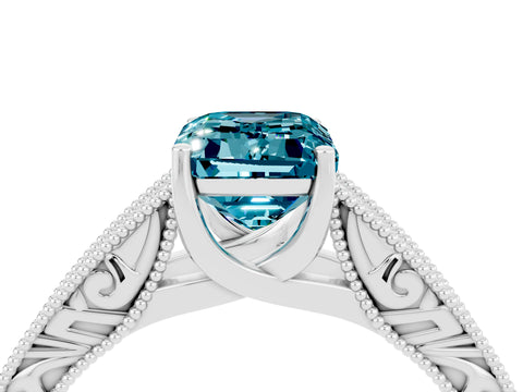White gold Emerald Cut Blue Topaz Solitaire Ring with Engraved Band and Four-Prong Setting_4
