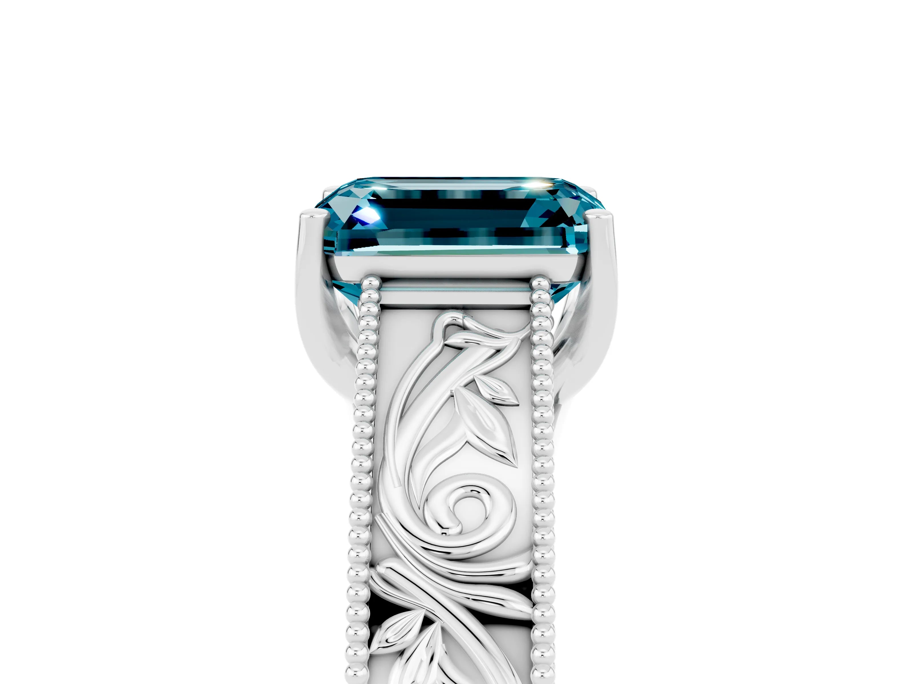 White gold Emerald Cut Blue Topaz Solitaire Ring with Engraved Band and Four-Prong Setting_5
