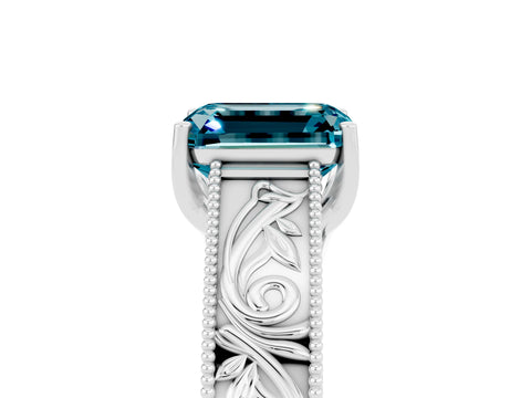 White gold Emerald Cut Blue Topaz Solitaire Ring with Engraved Band and Four-Prong Setting_5