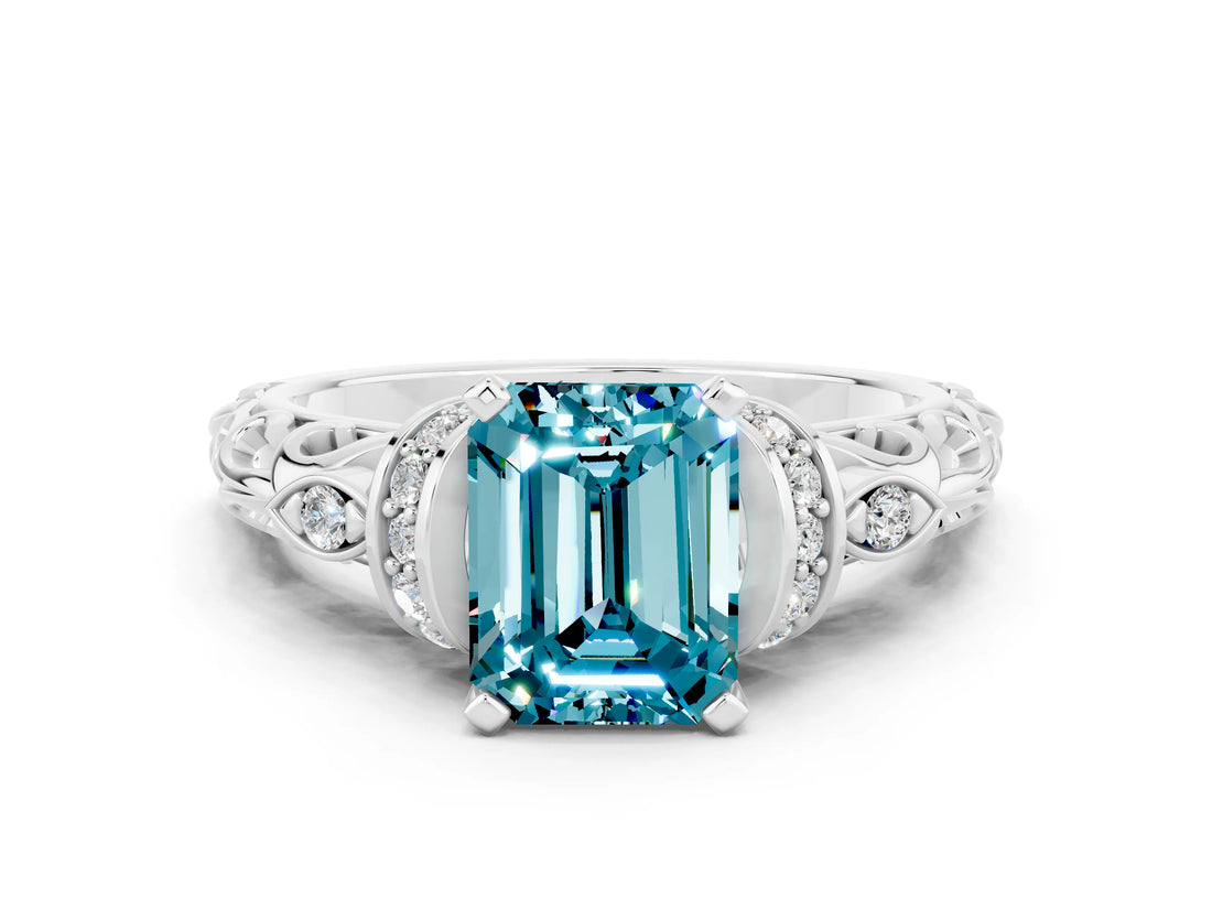 White gold Emerald Cut Blue Topaz Solitaire Ring with Filigree Band and Four-Prong Setting_24