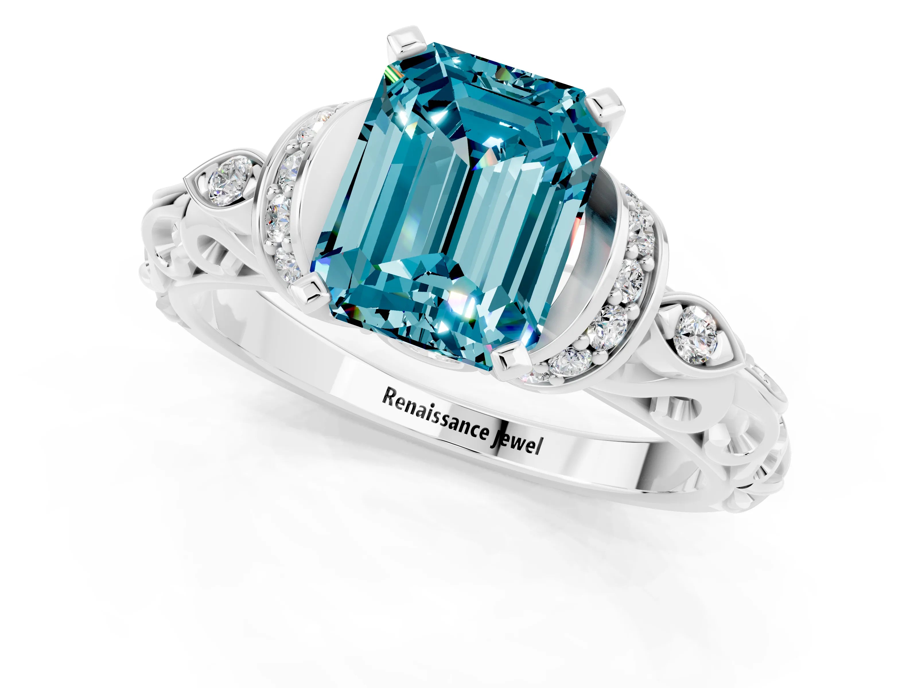 White gold Emerald Cut Blue Topaz Solitaire Ring with Filigree Band and Four-Prong Setting_25