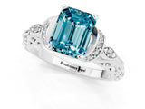 White gold Emerald Cut Blue Topaz Solitaire Ring with Filigree Band and Four-Prong Setting_25