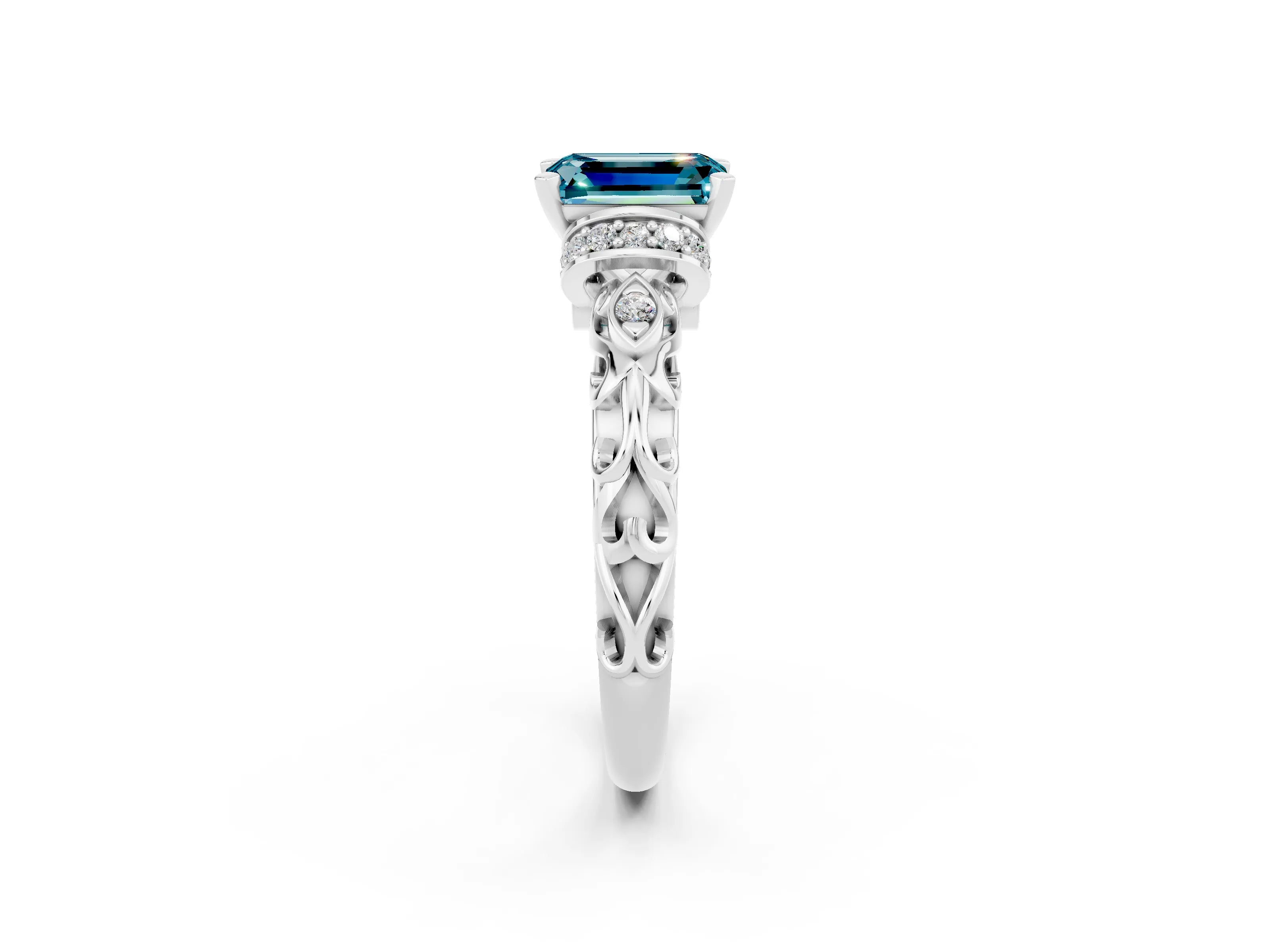White gold Emerald Cut Blue Topaz Solitaire Ring with Filigree Band and Four-Prong Setting_26
