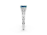 White gold Emerald Cut Blue Topaz Solitaire Ring with Filigree Band and Four-Prong Setting_26