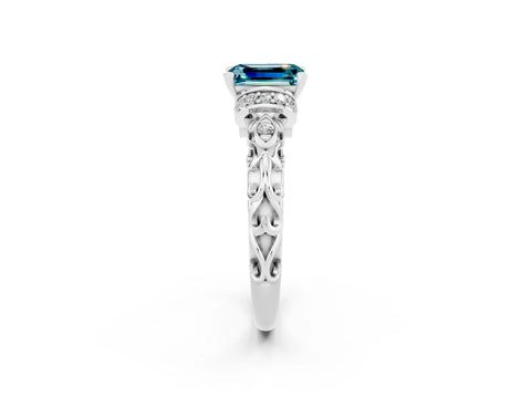 White gold Emerald Cut Blue Topaz Solitaire Ring with Filigree Band and Four-Prong Setting_26