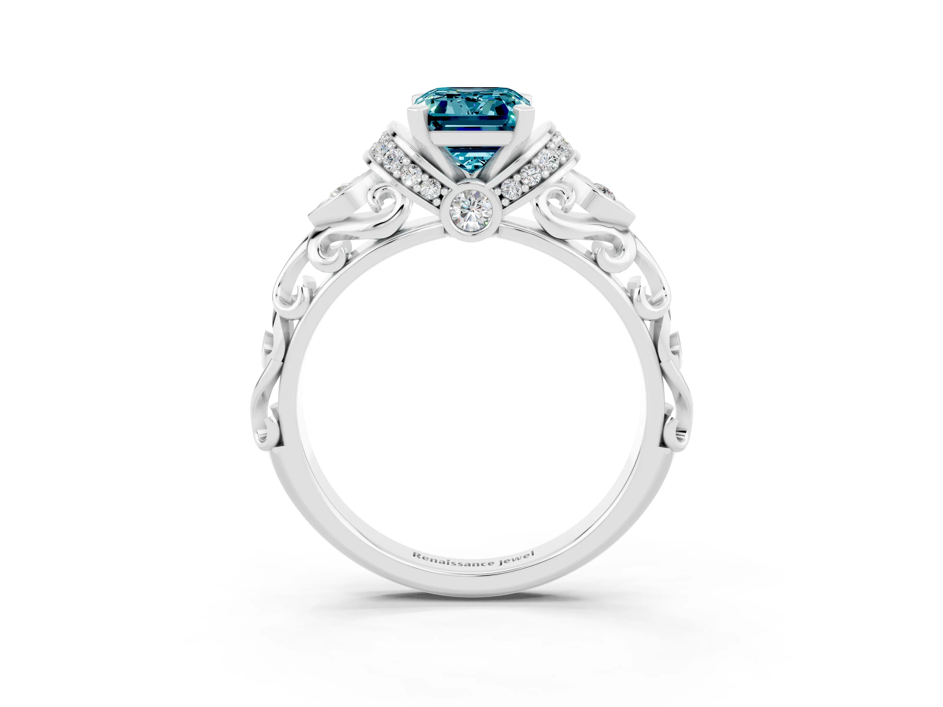 White gold Emerald Cut Blue Topaz Solitaire Ring with Filigree Band and Four-Prong Setting_27