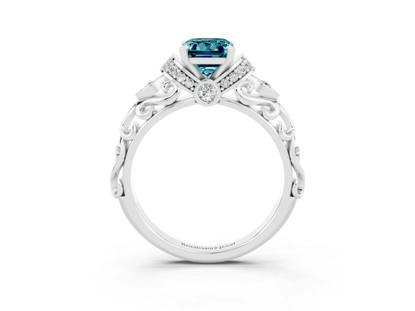 Silver Emerald Cut Blue Topaz Solitaire Ring with Filigree Band and Four-Prong Setting
