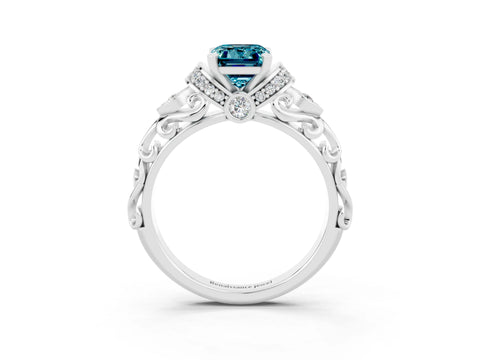 White gold Emerald Cut Blue Topaz Solitaire Ring with Filigree Band and Four-Prong Setting_27