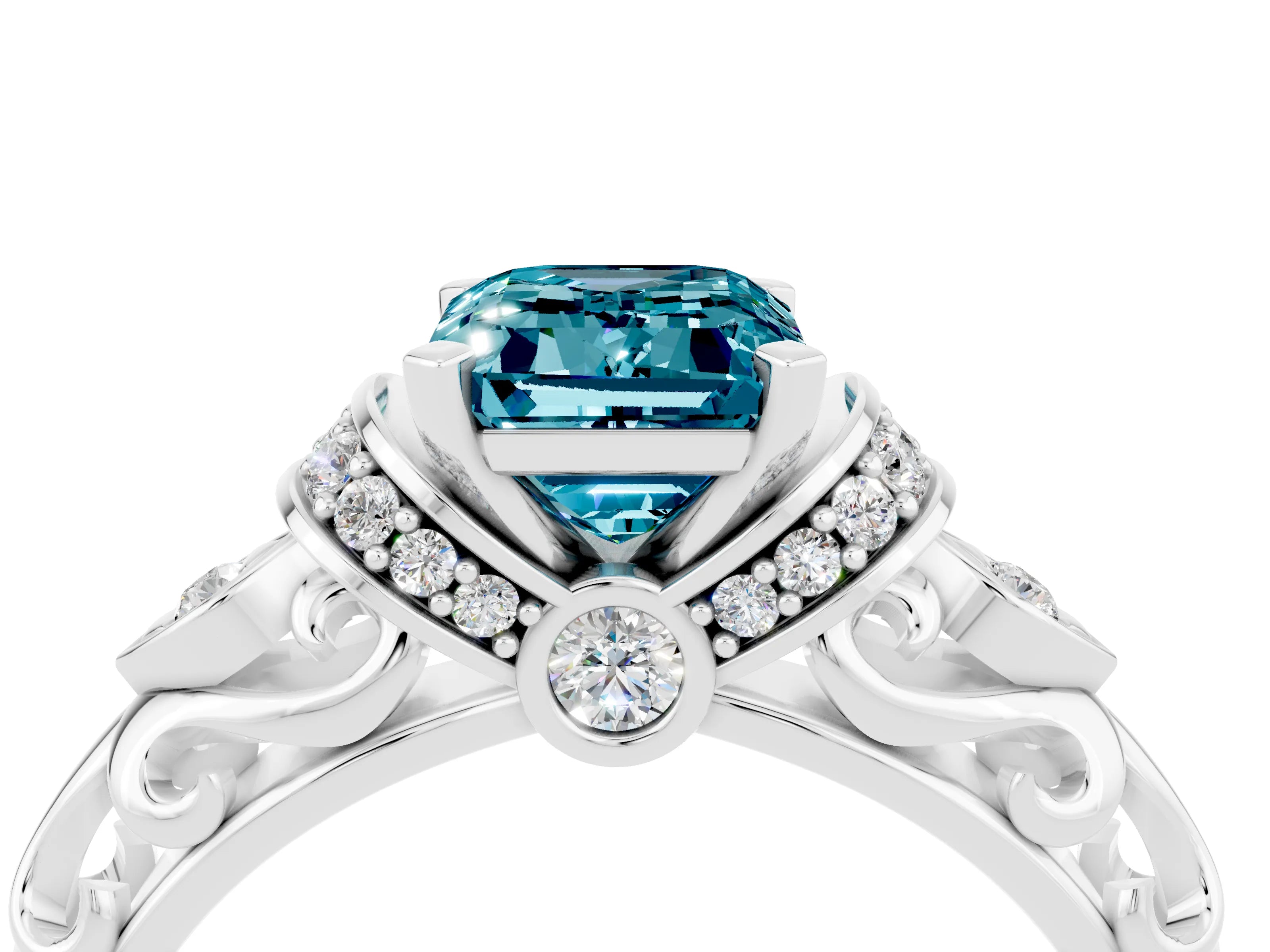 White gold Emerald Cut Blue Topaz Solitaire Ring with Filigree Band and Four-Prong Setting_28